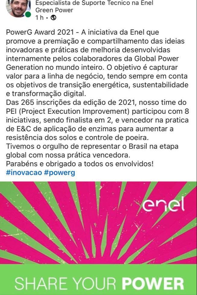 Troféu oficial Fornecedor Campeão 2021 conferido pela Enel Green Power à BIOVIA